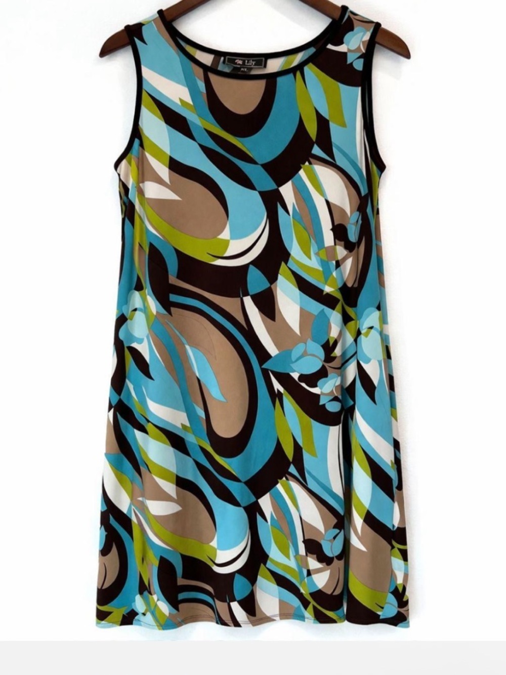 Y2K Flowy Floral Midi Dress Abstract Teal Brown Print, Women's Size Petite Large